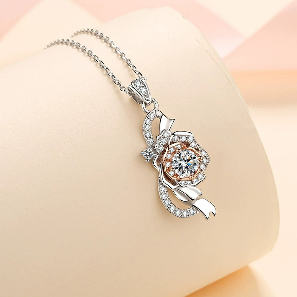 Bow Rose Moissanite Pendant Necklace with CZ in Rhodium and Rose Gold-Plated S925 sterling silver product scene view showing chain and setting detail