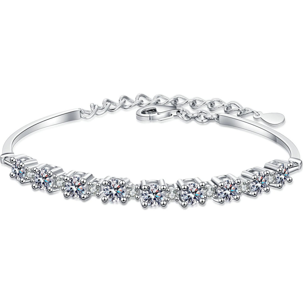 Graduated Tennis Moissanite Adjustable Bracelet in Rhodium-Plated S925 sterling silver white background product photo showing bracelet shape and moissanite setting