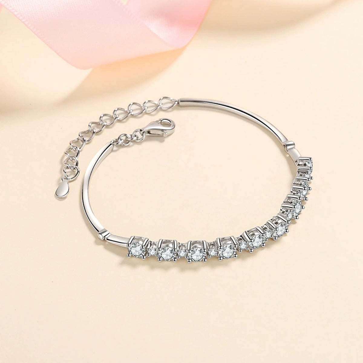 Graduated Tennis Moissanite Adjustable Bracelet in Rhodium-Plated S925 sterling silver close-up bracelet detail view showing clasp and motif