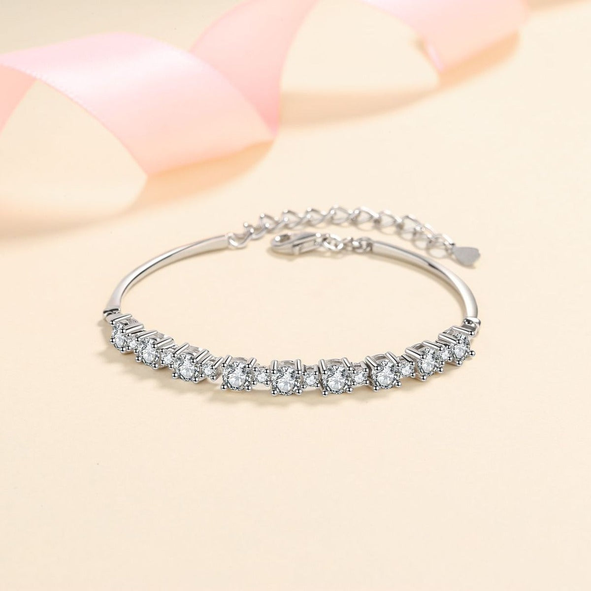 Graduated Tennis Moissanite Adjustable Bracelet in Rhodium-Plated S925 sterling silver angled product display showing bracelet silhouette