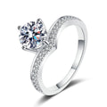 Round Moissanite Side Stone Engagement Ring with CZ in rhodium-plated S925 sterling silver on clean white background