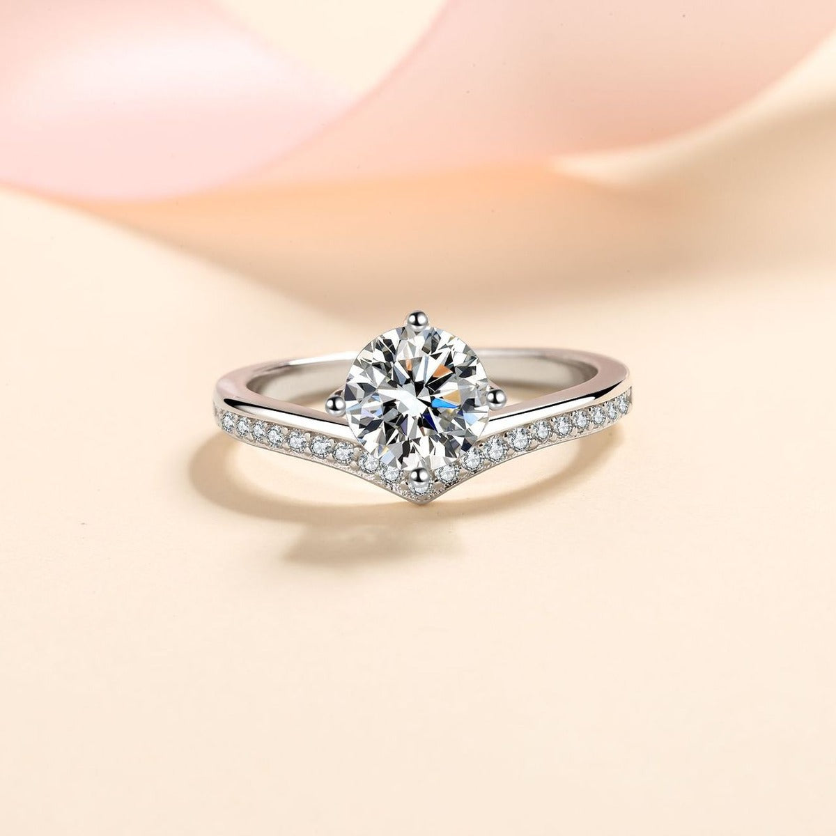 Round Moissanite Side Stone Engagement Ring with CZ product view showing moissanite setting and metal finish