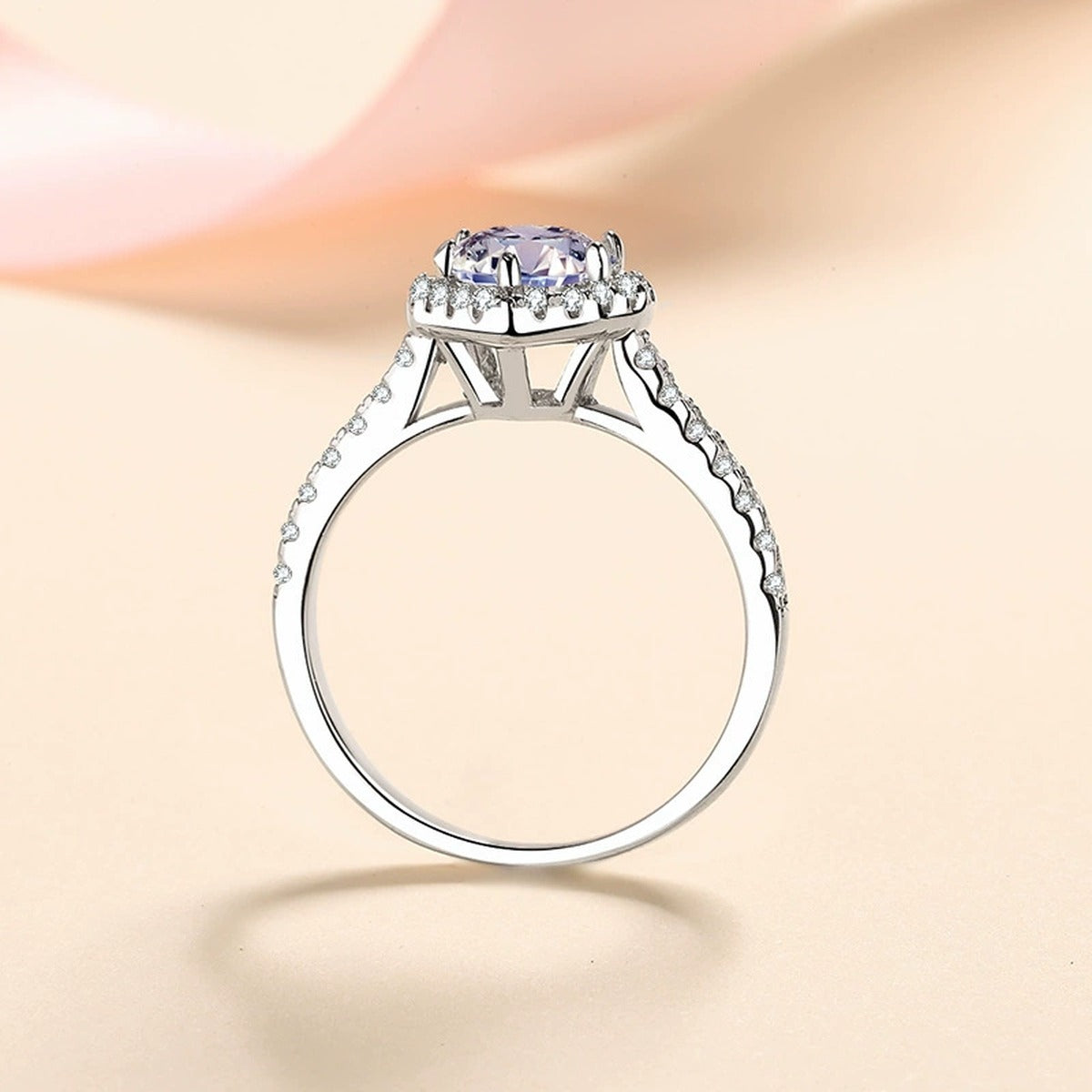 Heart Moissanite Ring with CZ in Rhodium-Plated S925 Sterling Silver studio product angle showing the ring setting, stone detail, and band design
