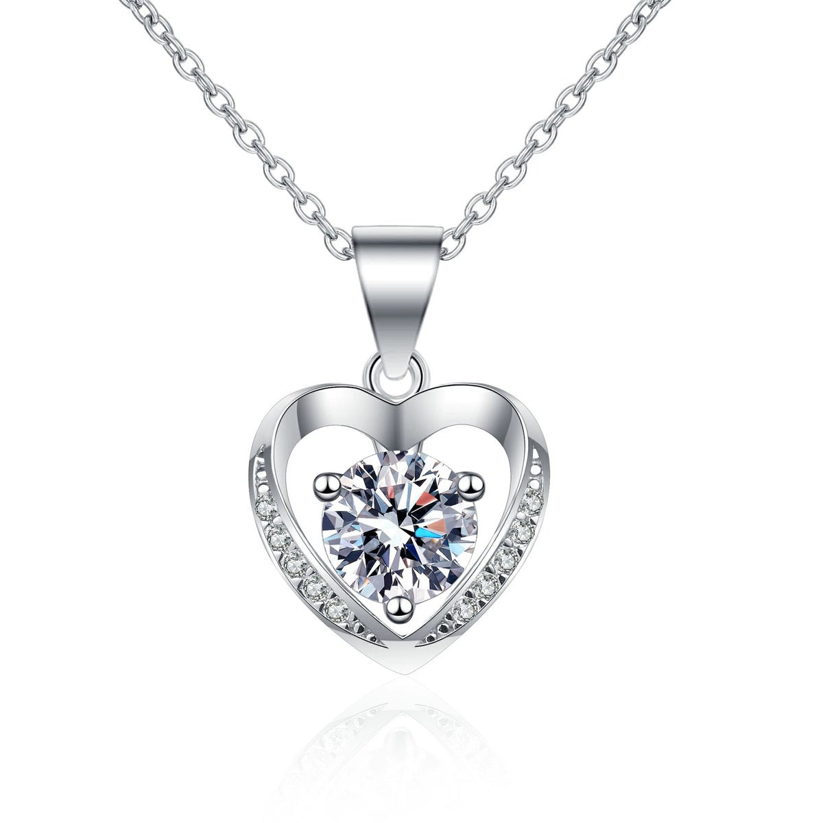 Heart Halo Round Moissanite Necklace with CZ in Rhodium-Plated S925 sterling silver white background product photo showing heart halo pendant with round moissanite center options and CZ accents