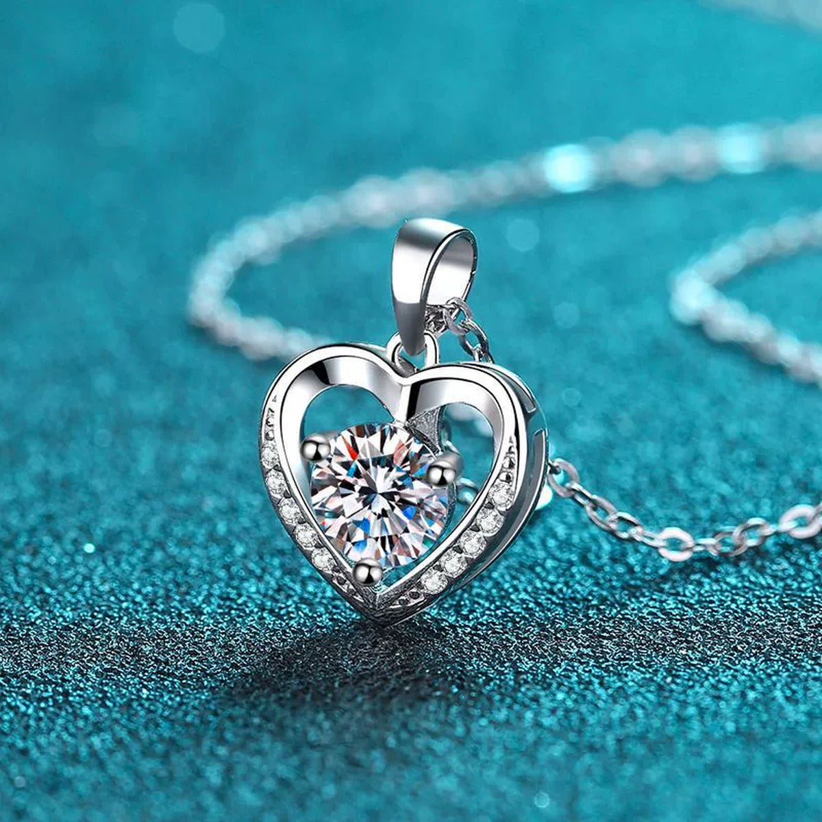 Heart Halo Round Moissanite Necklace with CZ in Rhodium-Plated S925 sterling silver angled product detail view