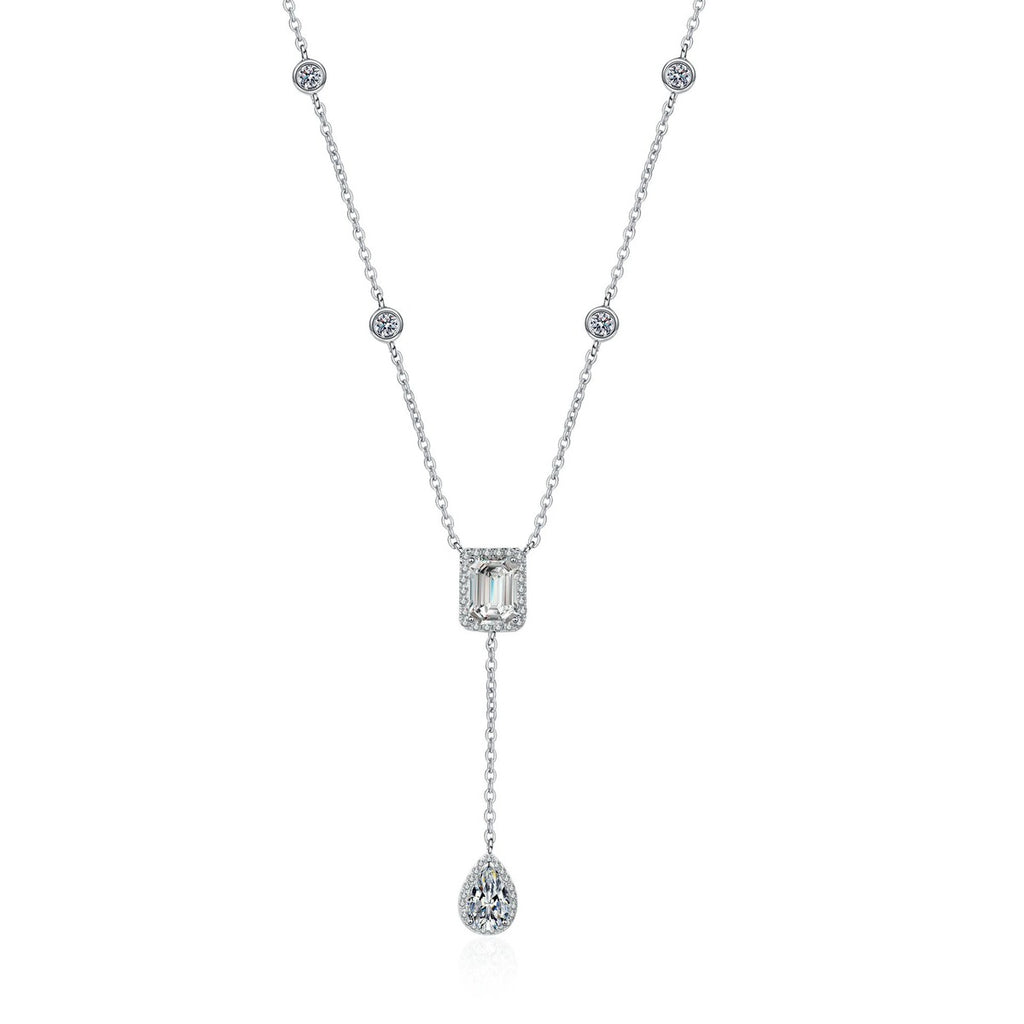 Radiant and Pear Moissanite Charm Necklace with CZ in Rhodium-Plated S925 sterling silver on white background showing pendant shape and round moissanite