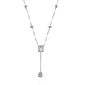 Radiant and Pear Moissanite Charm Necklace with CZ in Rhodium-Plated S925 sterling silver on white background showing pendant shape and round moissanite