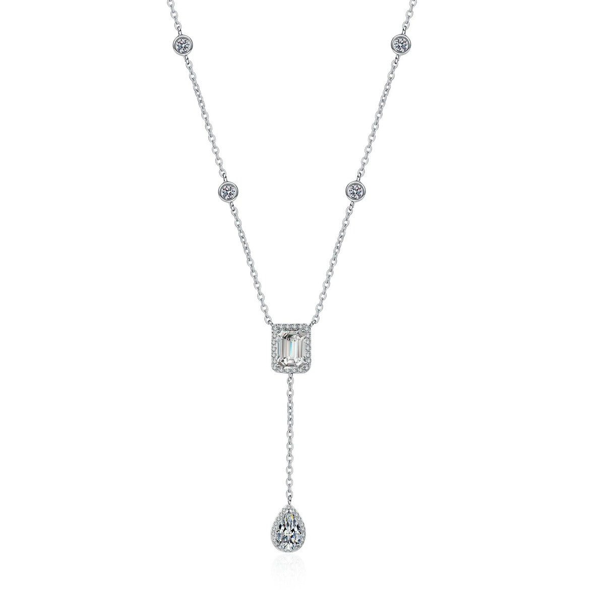 Radiant and Pear Moissanite Charm Necklace with CZ in Rhodium-Plated S925 sterling silver on white background showing pendant shape and round moissanite