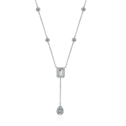 Radiant and Pear Moissanite Charm Necklace with CZ in Rhodium-Plated S925 sterling silver on white background showing pendant shape and round moissanite