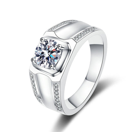 Round Moissanite Statement Ring in Rhodium-Plated S925 Sterling Silver clean white background product photo showing the ring silhouette and moissanite setting