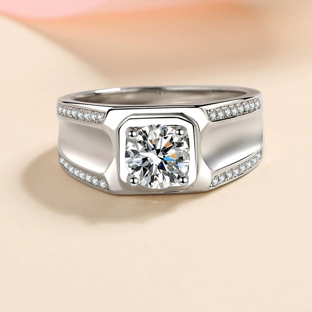 Round Moissanite Statement Ring in Rhodium-Plated S925 Sterling Silver studio product angle showing the ring setting, stone detail, and band design