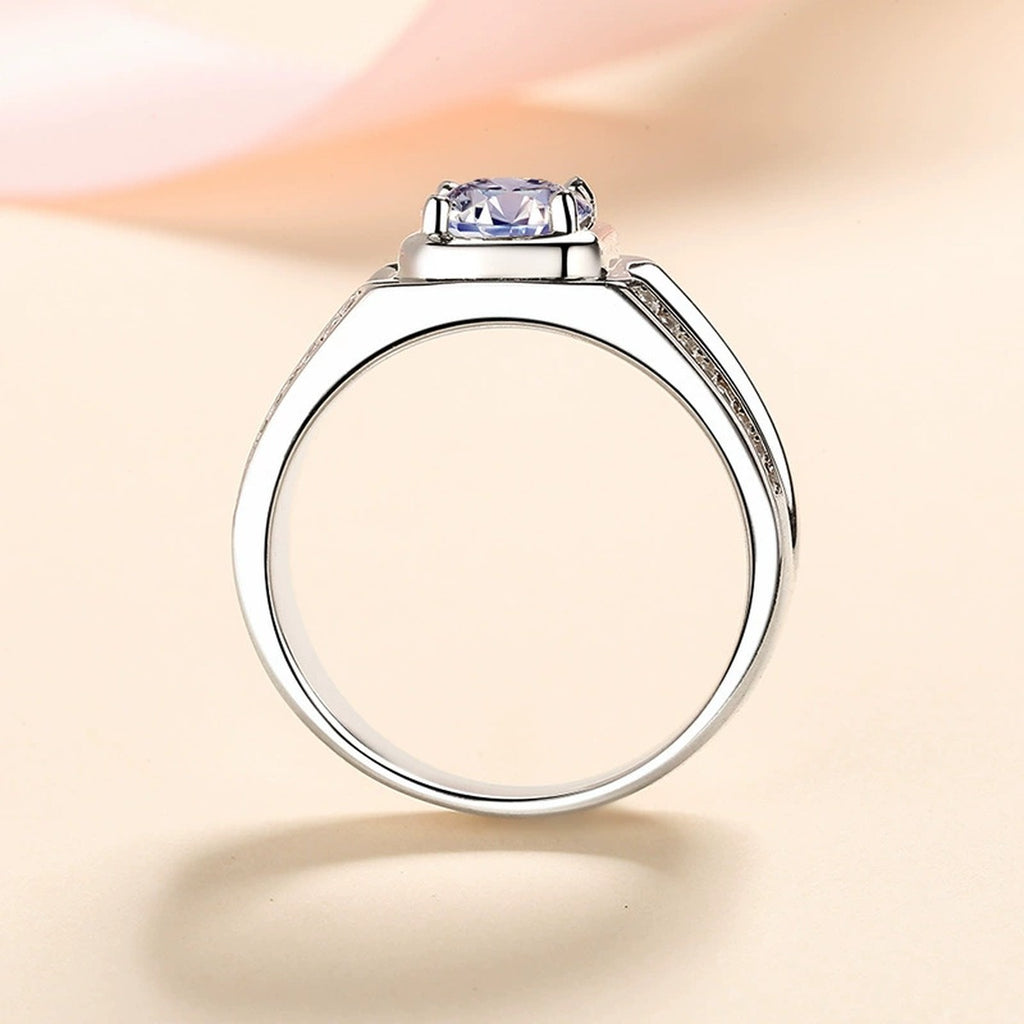 Round Moissanite Statement Ring in Rhodium-Plated S925 Sterling Silver studio product angle showing the ring setting, stone detail, and band design