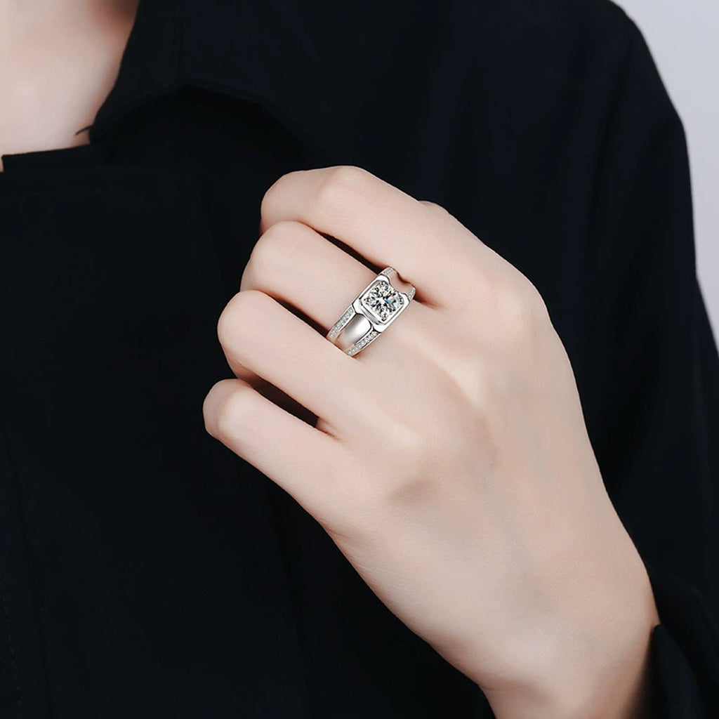 Round Moissanite Statement Ring in Rhodium-Plated S925 Sterling Silver worn on hand, showing scale, finger coverage, and rhodium-plated finish