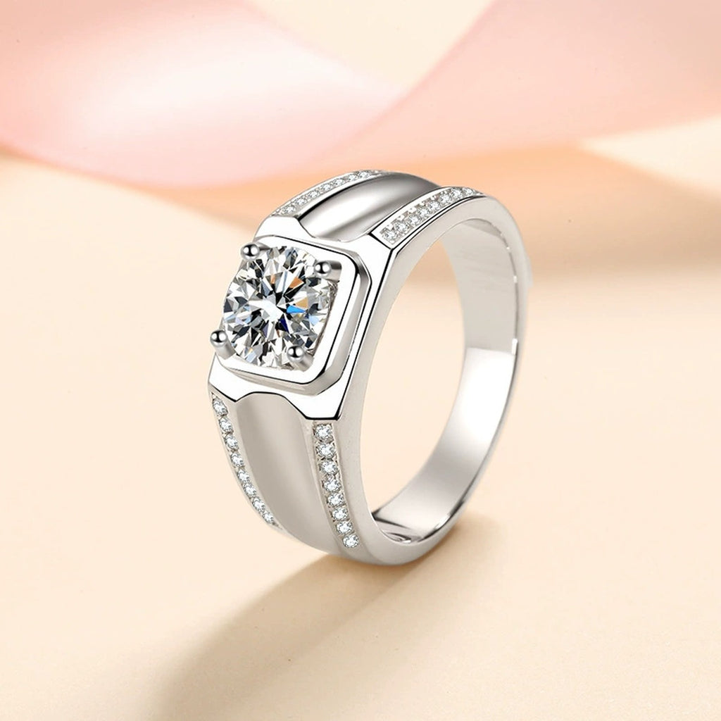 Round Moissanite Statement Ring in Rhodium-Plated S925 Sterling Silver studio product angle showing the ring setting, stone detail, and band design