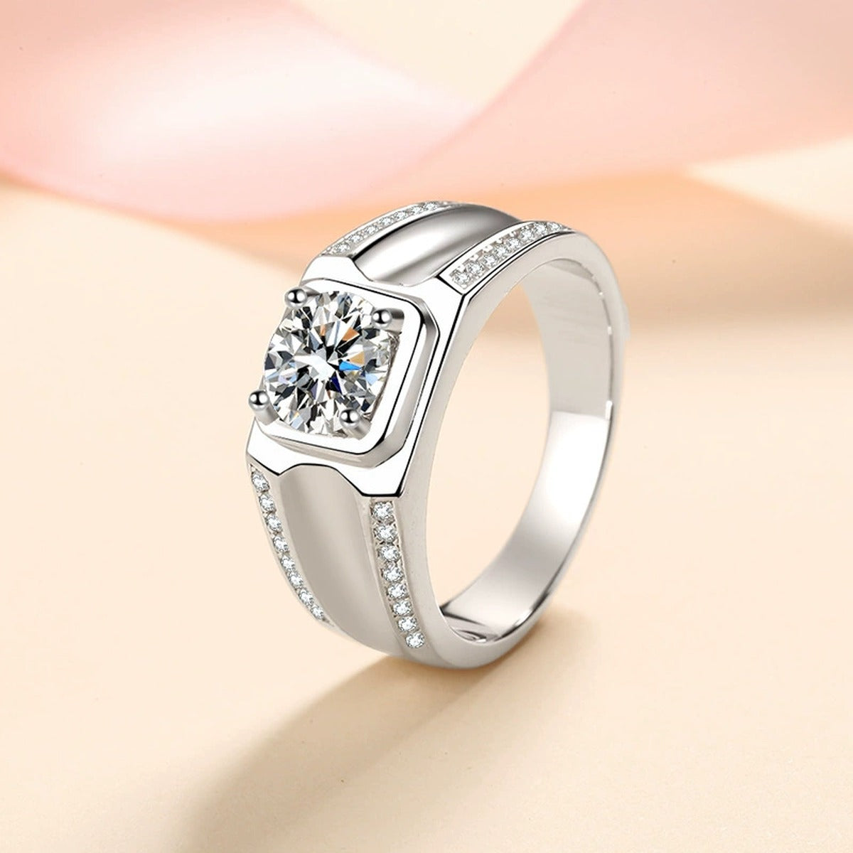 Round Moissanite Statement Ring in Rhodium-Plated S925 Sterling Silver studio product angle showing the ring setting, stone detail, and band design