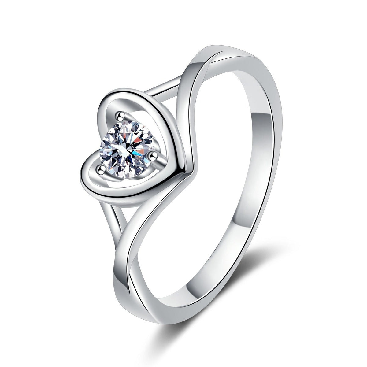 Round Moissanite Heart Promise Ring in rhodium-plated S925 sterling silver on clean white background