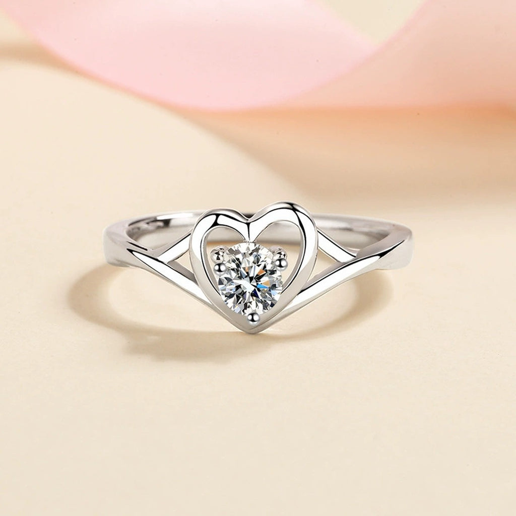 Round Moissanite Heart Promise Ring product view showing moissanite setting and metal finish