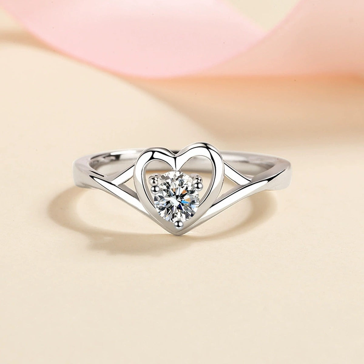 Round Moissanite Heart Promise Ring product view showing moissanite setting and metal finish
