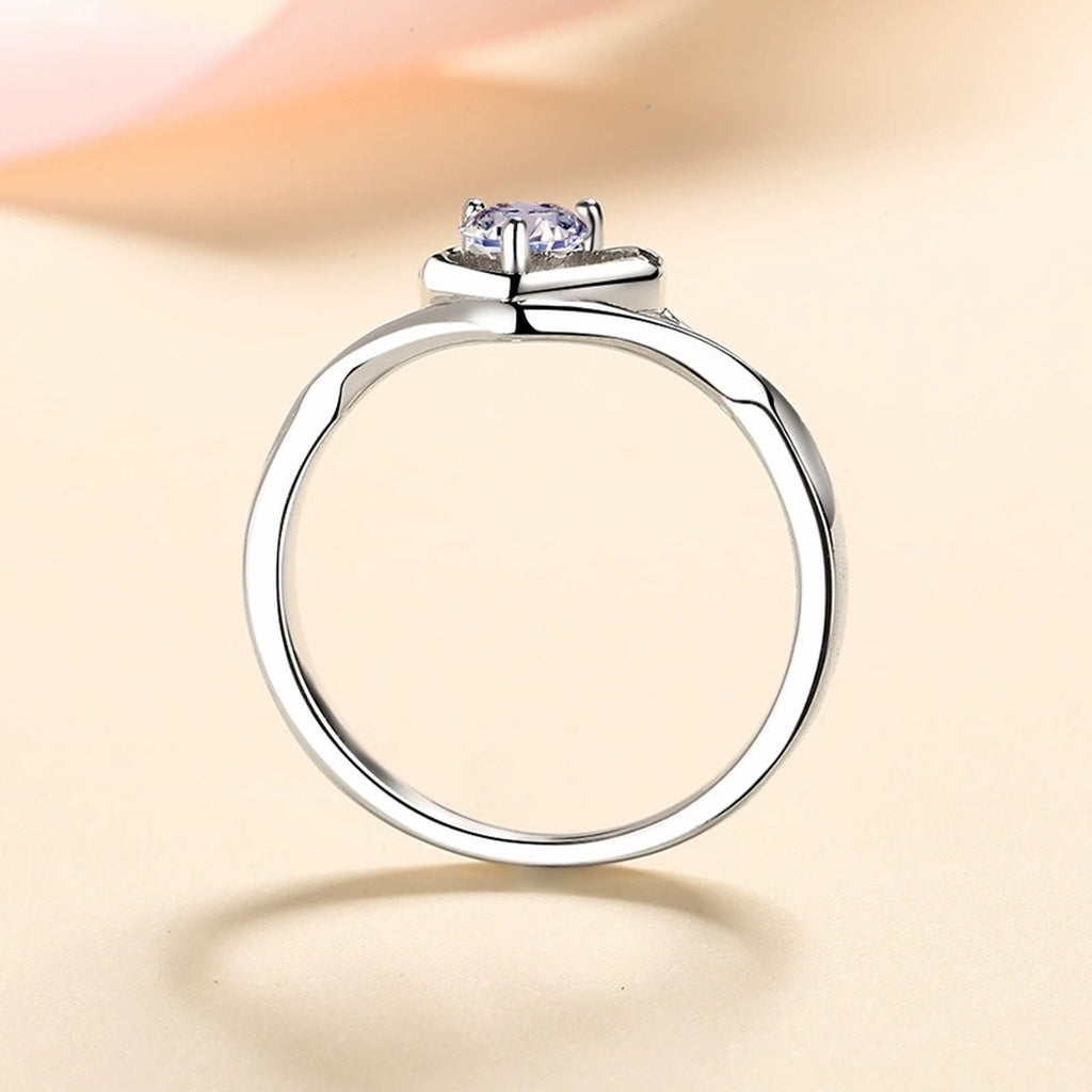 Round Moissanite Heart Promise Ring product view showing moissanite setting and metal finish
