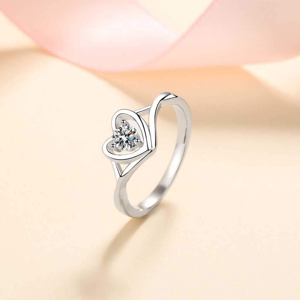 Round Moissanite Heart Promise Ring product view showing moissanite setting and metal finish