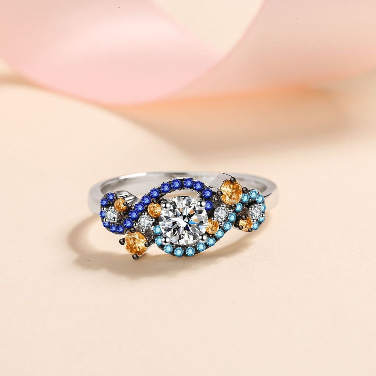Round Moissanite Statement Ring with Blue and Orange CZ product view showing moissanite setting and metal finish