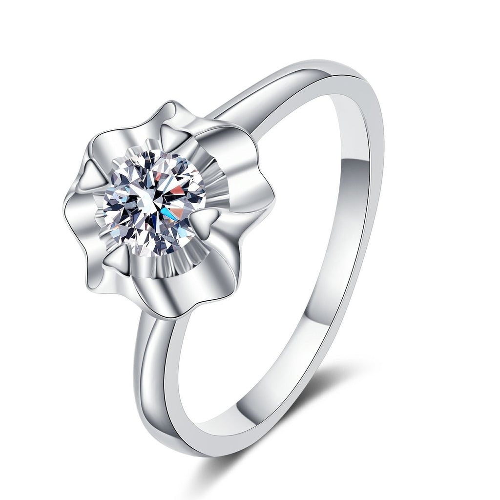 Round Floral Moissanite Ring in rhodium-plated S925 sterling silver on clean white background
