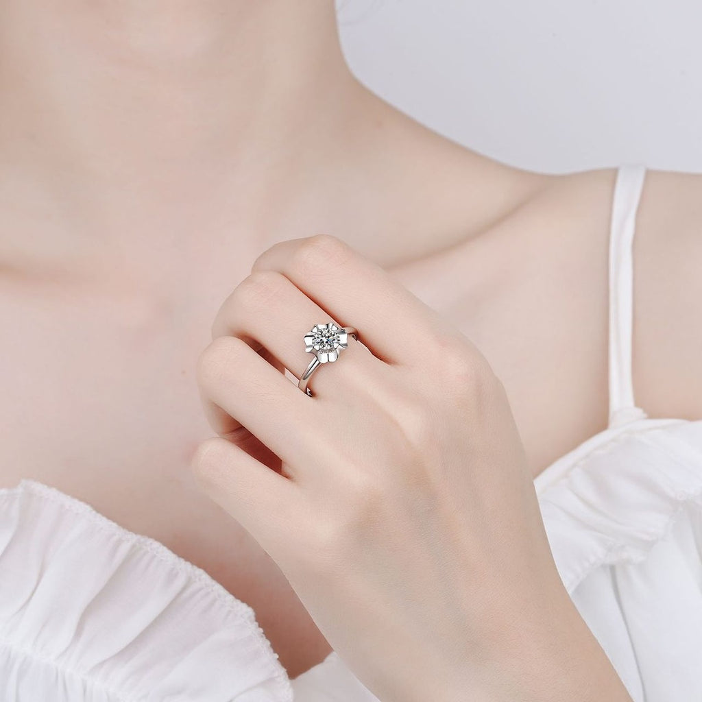 Round Floral Moissanite Ring worn on hand to show scale, band width, and ring profile
