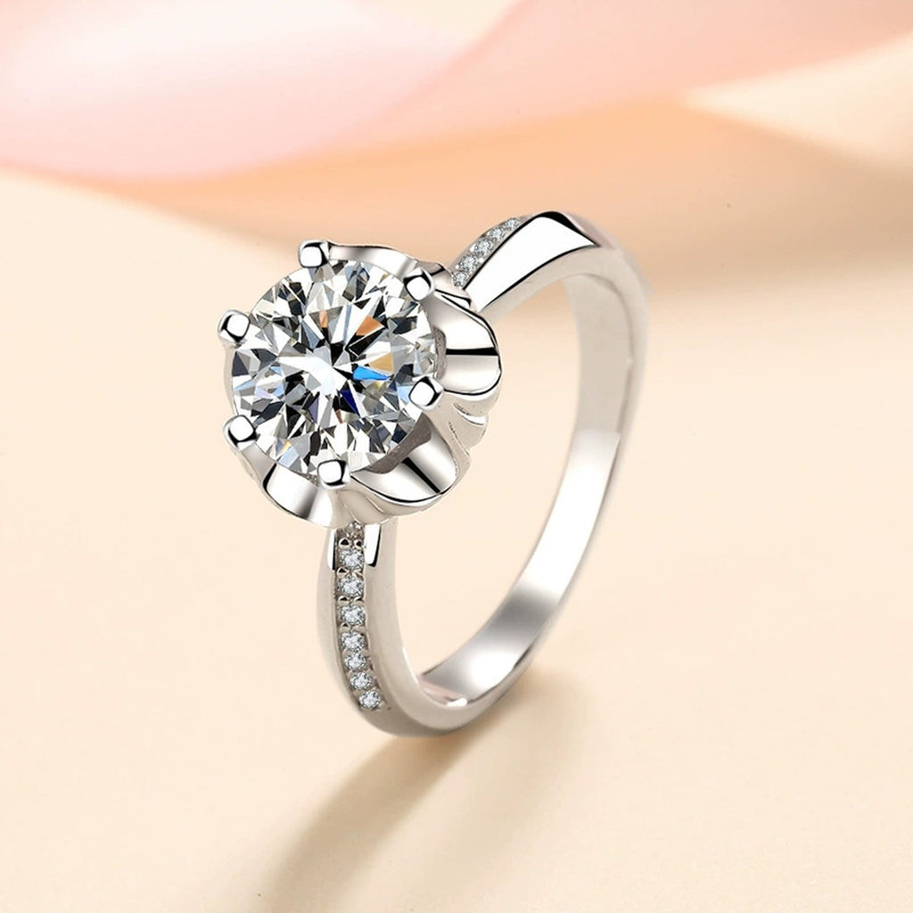 Round Moissanite Halo Engagement Ring with CZ product view showing moissanite setting and metal finish