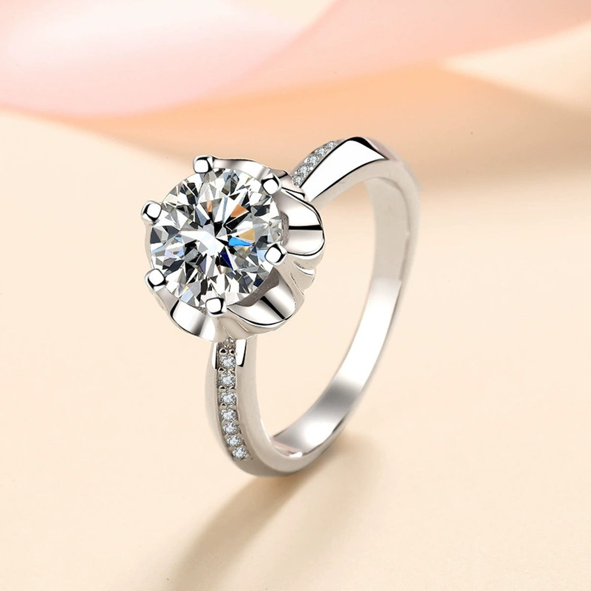 Round Moissanite Halo Engagement Ring with CZ product view showing moissanite setting and metal finish