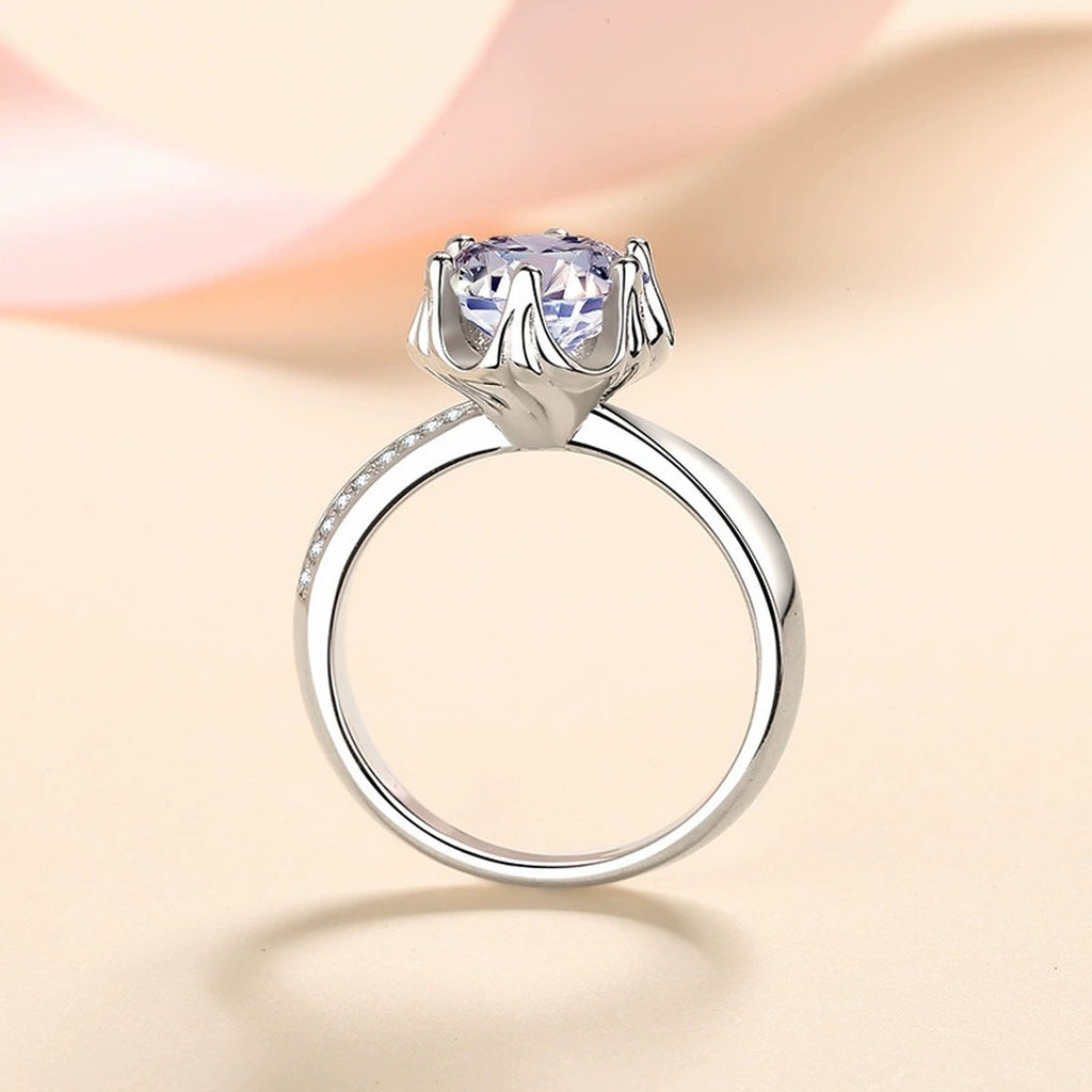 Round Moissanite Halo Engagement Ring with CZ product view showing moissanite setting and metal finish