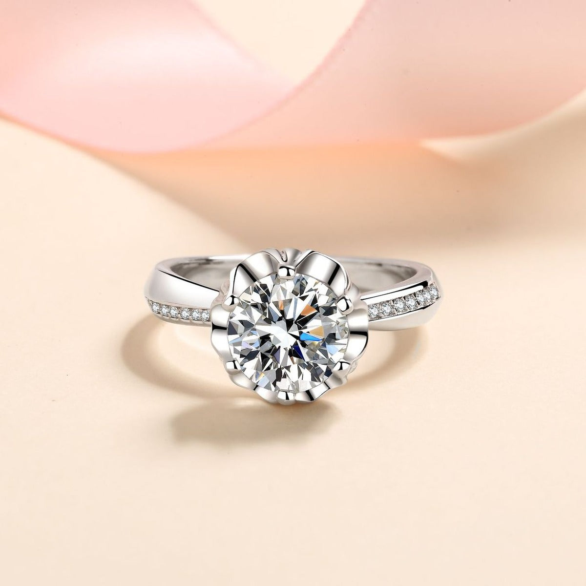 Round Moissanite Halo Engagement Ring with CZ product view showing moissanite setting and metal finish