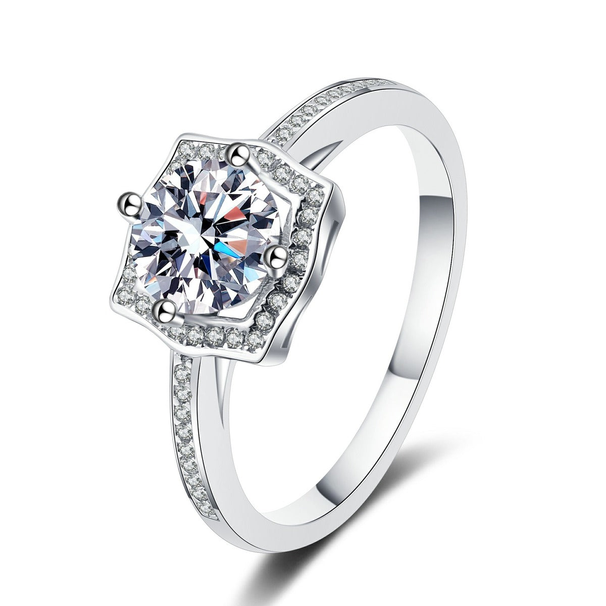 Round Moissanite Halo Engagement Ring with CZ in rhodium-plated S925 sterling silver on clean white background