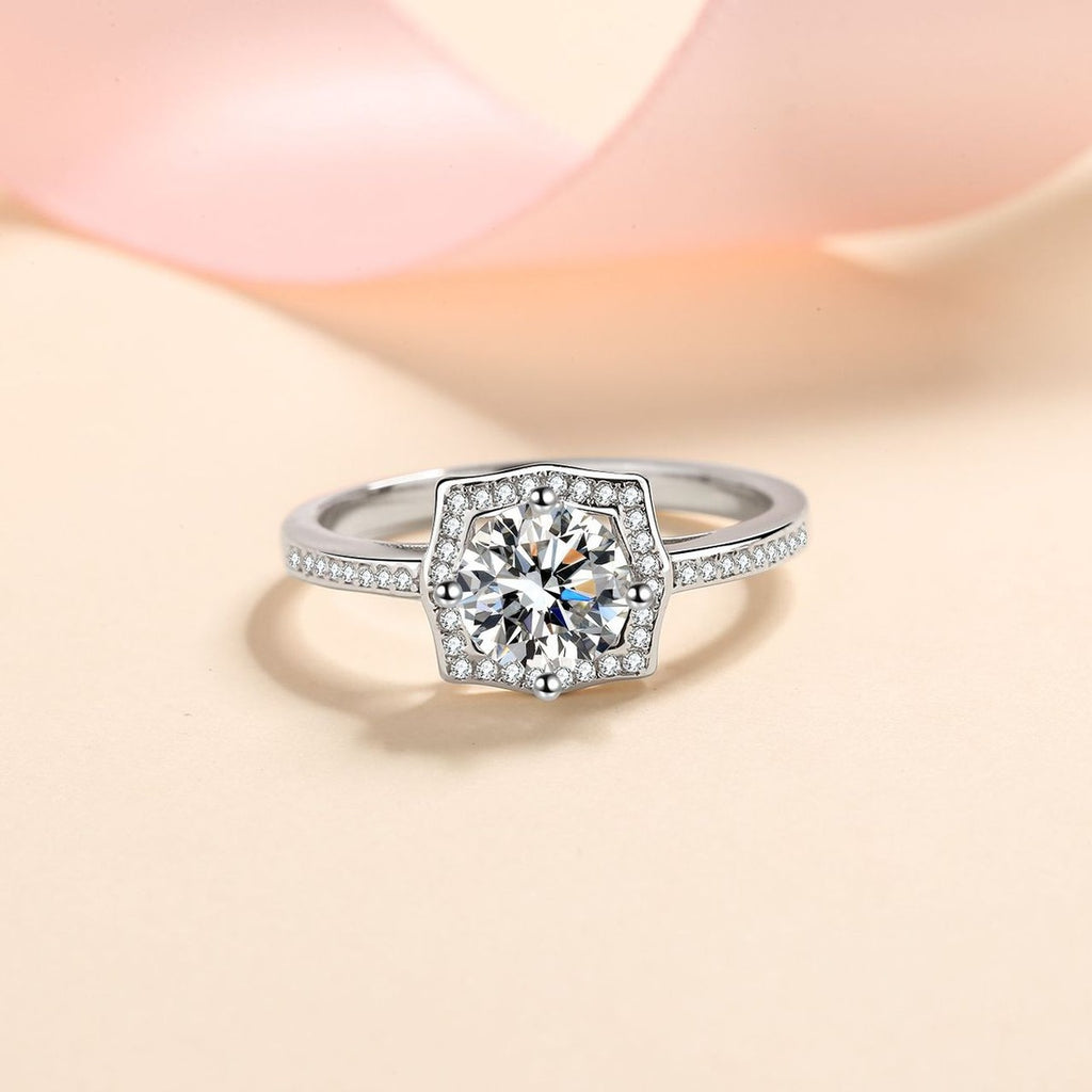 Round Moissanite Halo Engagement Ring with CZ product view showing moissanite setting and metal finish