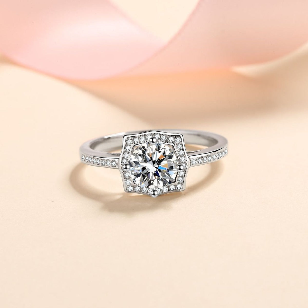 Round Moissanite Halo Engagement Ring with CZ product view showing moissanite setting and metal finish