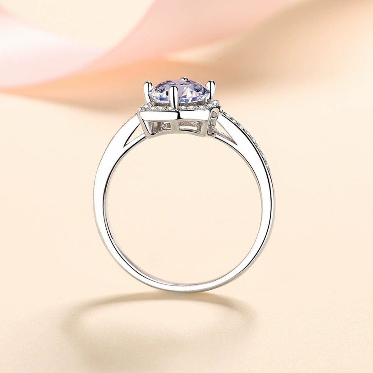 Round Moissanite Halo Engagement Ring with CZ product view showing moissanite setting and metal finish