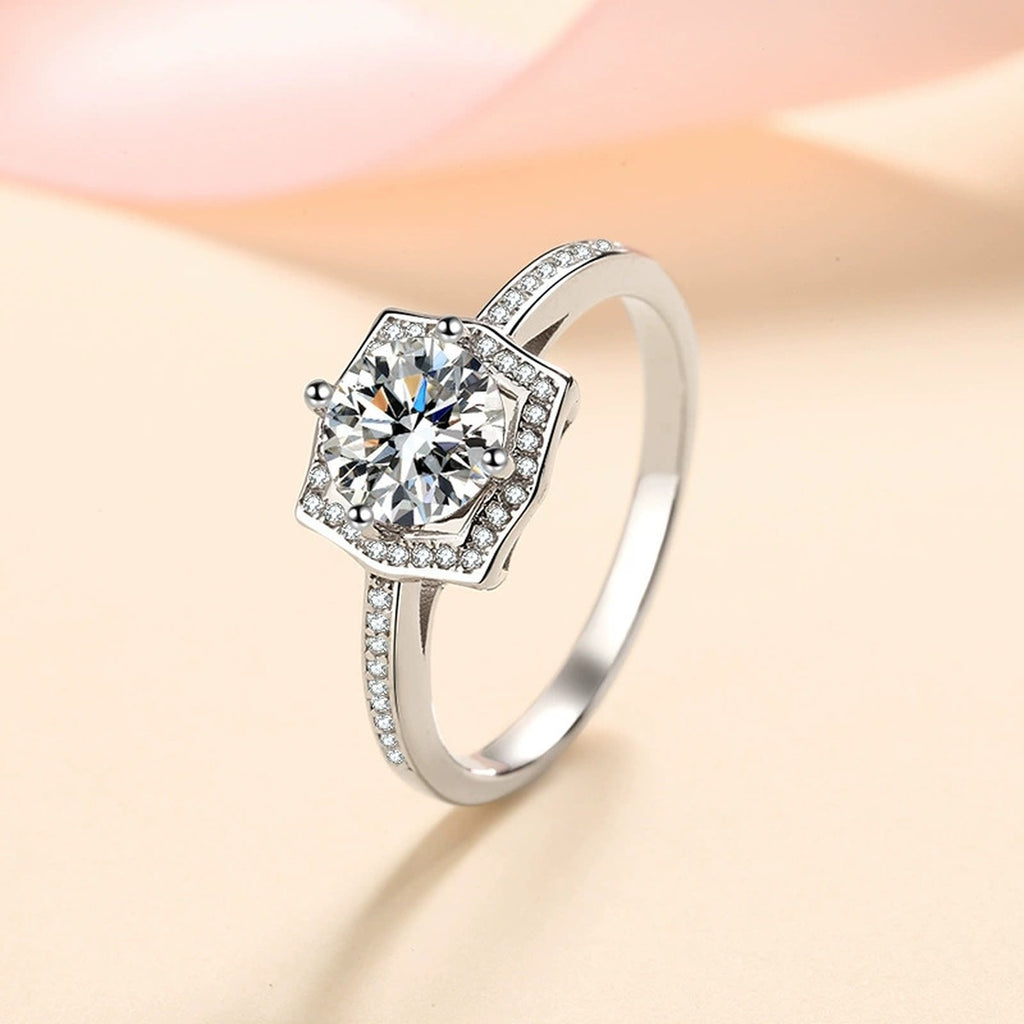 Round Moissanite Halo Engagement Ring with CZ product view showing moissanite setting and metal finish