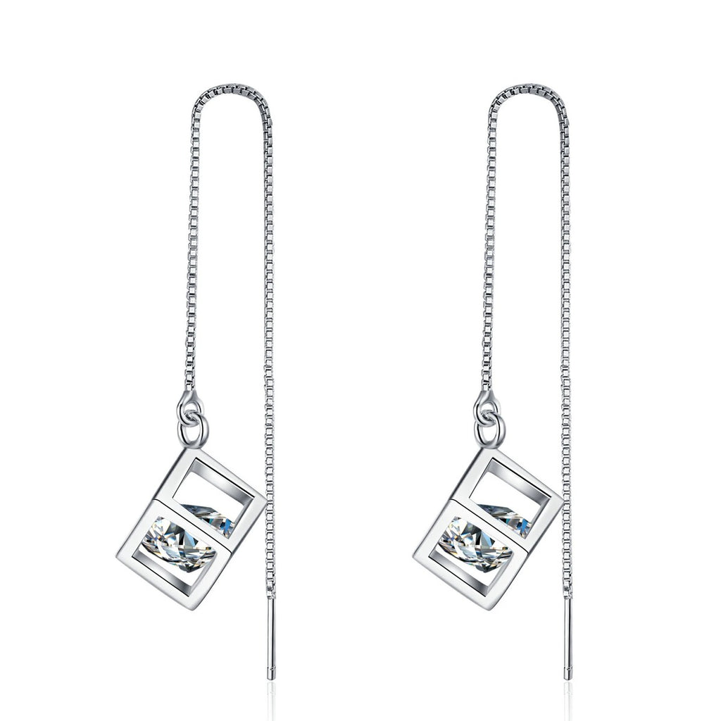 Round Moissanite Threader Drop Earrings in Rhodium-Plated S925 sterling silver white background product photo showing the pair, stone shape, and threader drop earrings silhouette