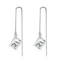 Round Moissanite Threader Drop Earrings in Rhodium-Plated S925 sterling silver white background product photo showing the pair, stone shape, and threader drop earrings silhouette