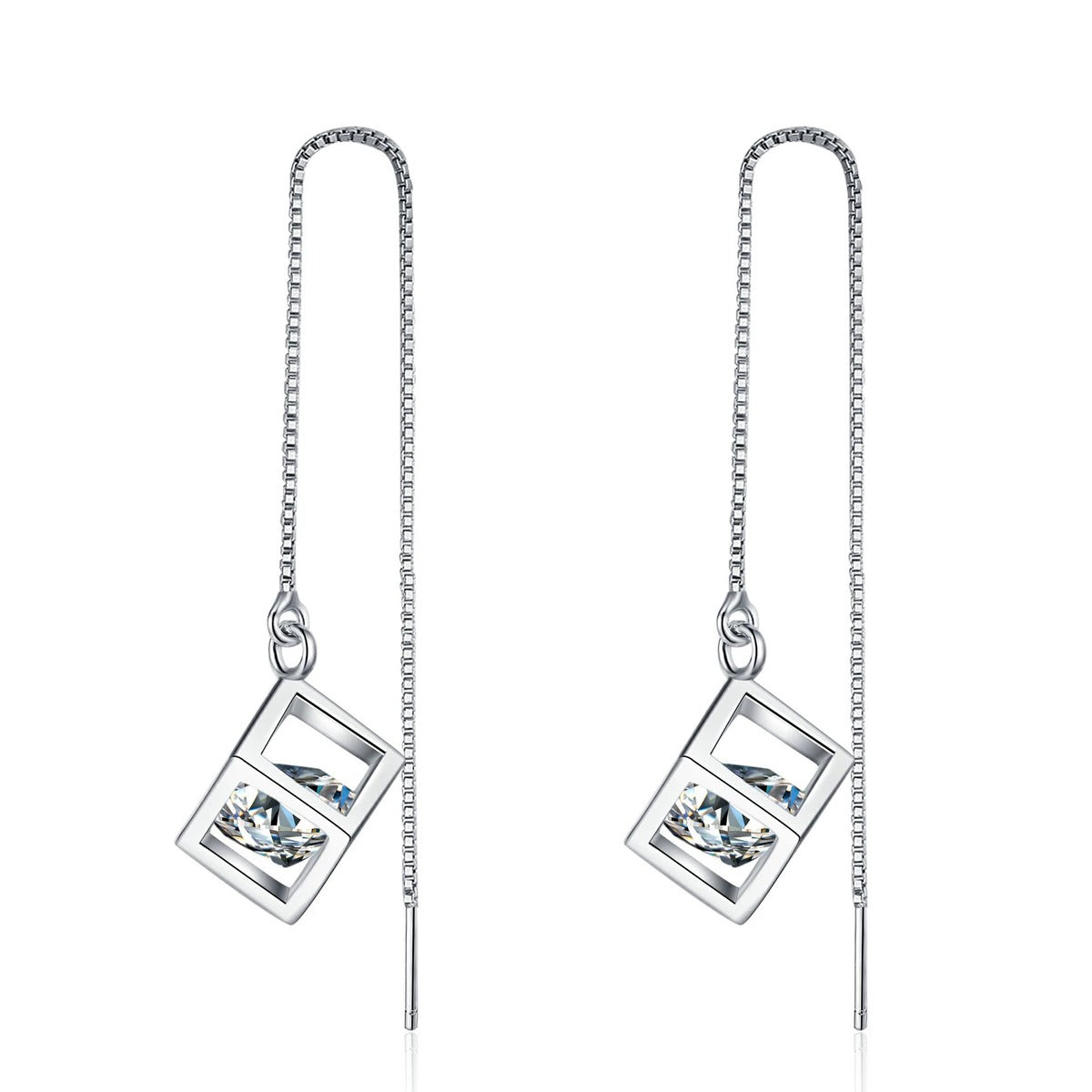 Round Moissanite Threader Drop Earrings in Rhodium-Plated S925 sterling silver white background product photo showing the pair, stone shape, and threader drop earrings silhouette
