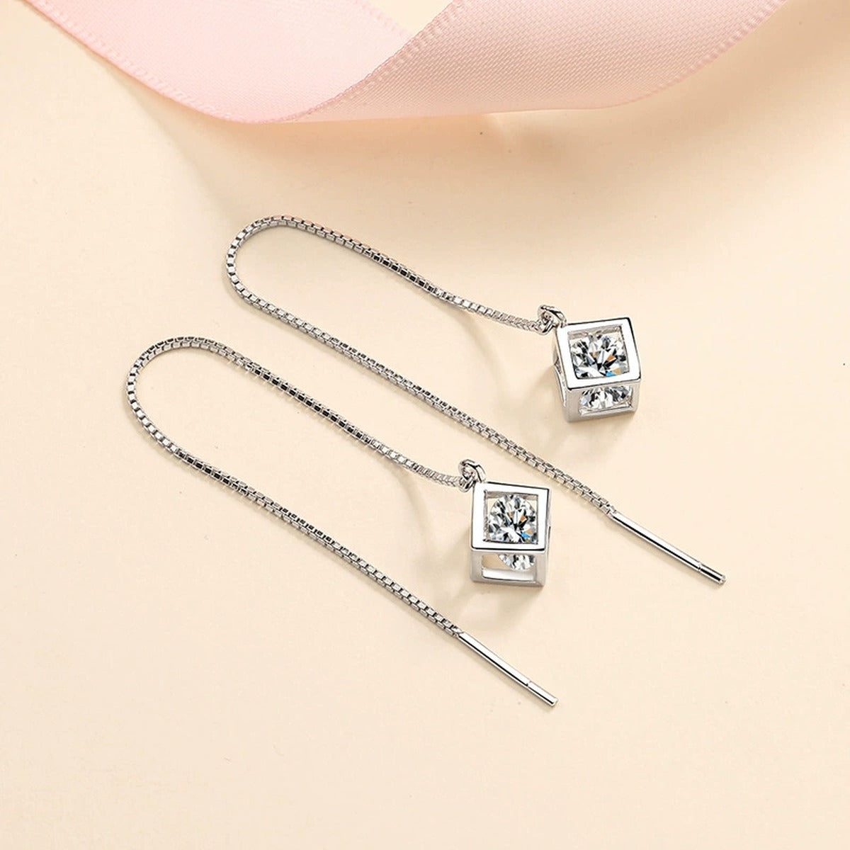 Round Moissanite Threader Drop Earrings in Rhodium-Plated S925 sterling silver product scene view showing front sparkle