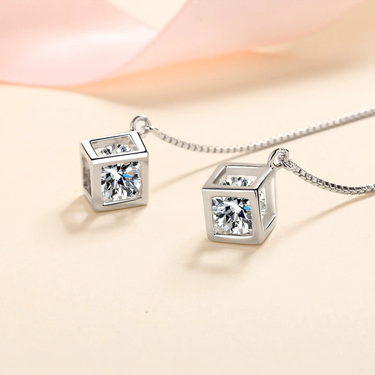 Round Moissanite Threader Drop Earrings in Rhodium-Plated S925 sterling silver product scene view showing side profile