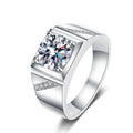 Men's Square Moissanite Ring with CZ in Rhodium-Plated S925 Sterling Silver clean white background product photo showing the ring silhouette and moissanite setting