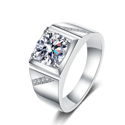 Men's Square Moissanite Ring with CZ in Rhodium-Plated S925 Sterling Silver clean white background product photo showing the ring silhouette and moissanite setting