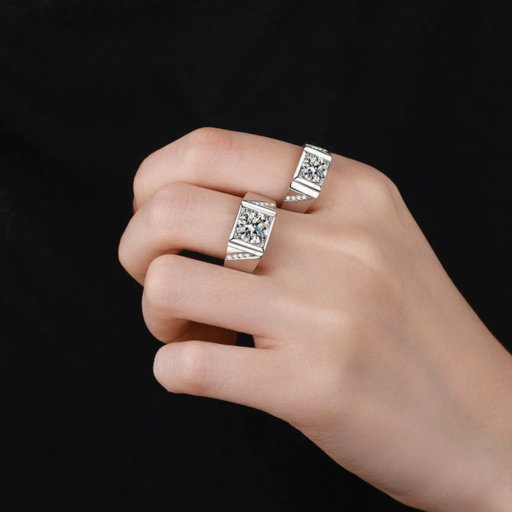 Men's Square Moissanite Ring with CZ in Rhodium-Plated S925 Sterling Silver worn on hand, showing scale, finger coverage, and rhodium-plated finish