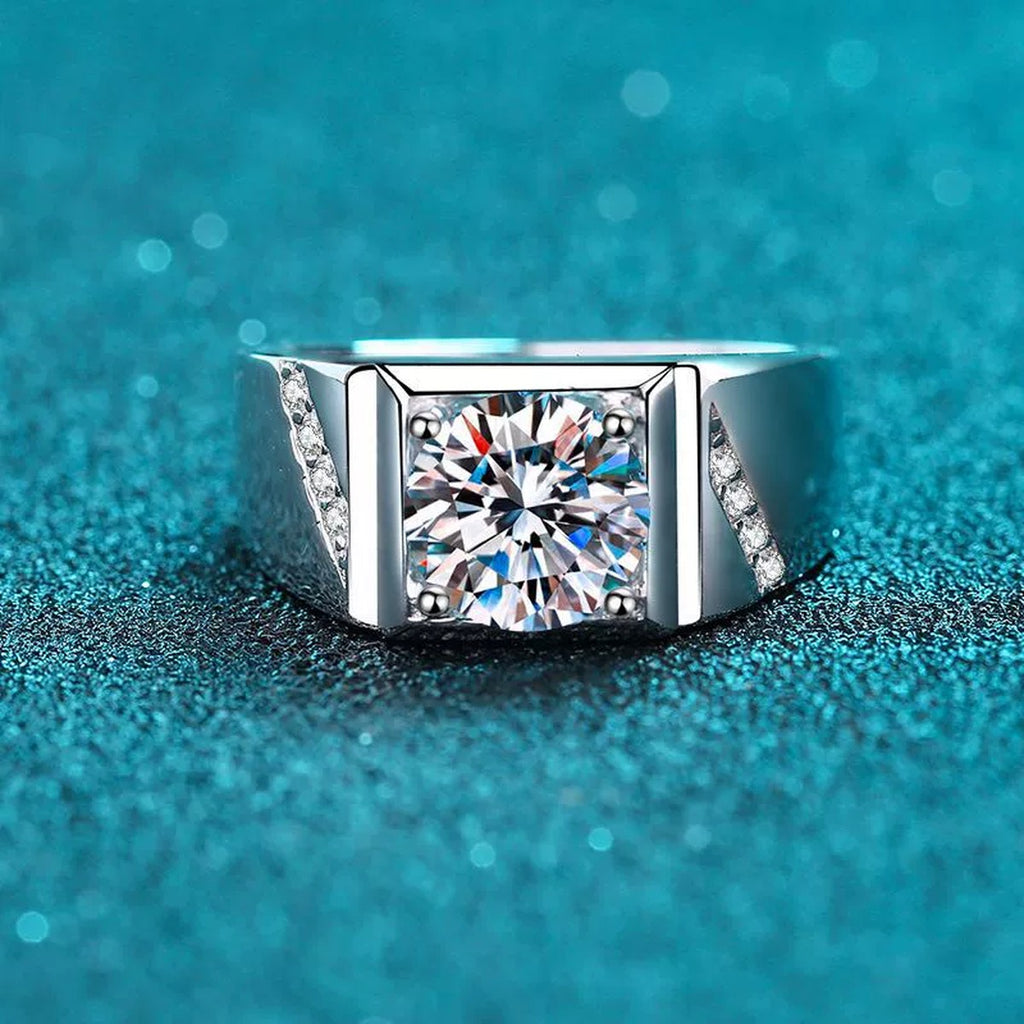 Men's Square Moissanite Ring with CZ in Rhodium-Plated S925 Sterling Silver blue display product photo showing the moissanite setting and band profile