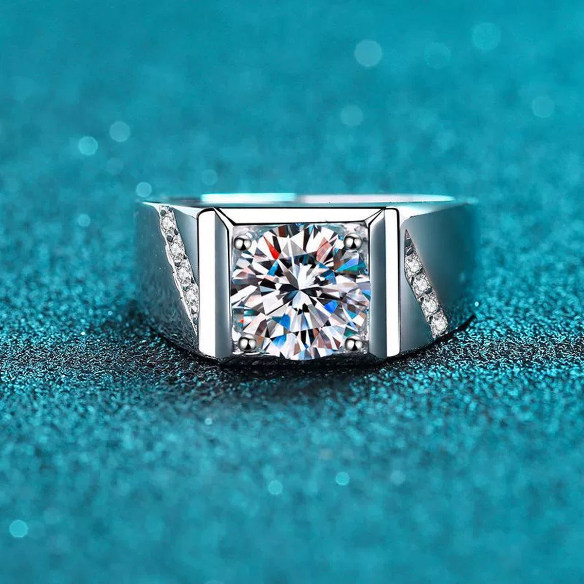 Men's Square Moissanite Ring with CZ in Rhodium-Plated S925 Sterling Silver blue display product photo showing the moissanite setting and band profile