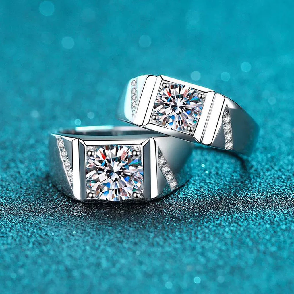 Men's Square Moissanite Ring with CZ in Rhodium-Plated S925 Sterling Silver blue display product photo showing the moissanite setting and band profile
