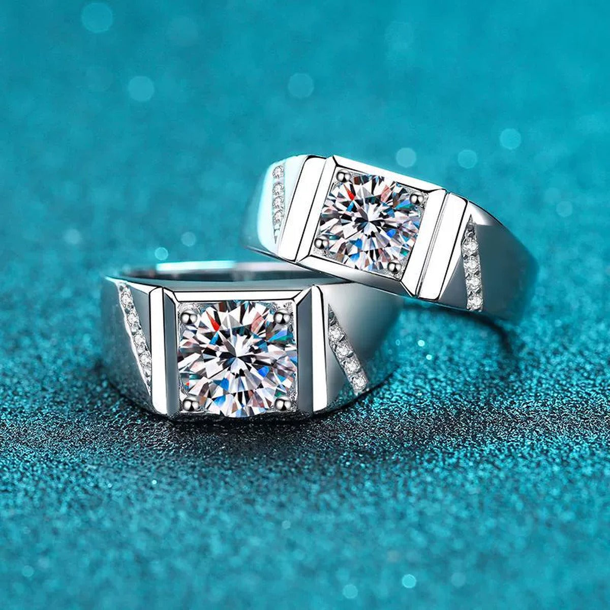 Men's Square Moissanite Ring with CZ in Rhodium-Plated S925 Sterling Silver blue display product photo showing the moissanite setting and band profile
