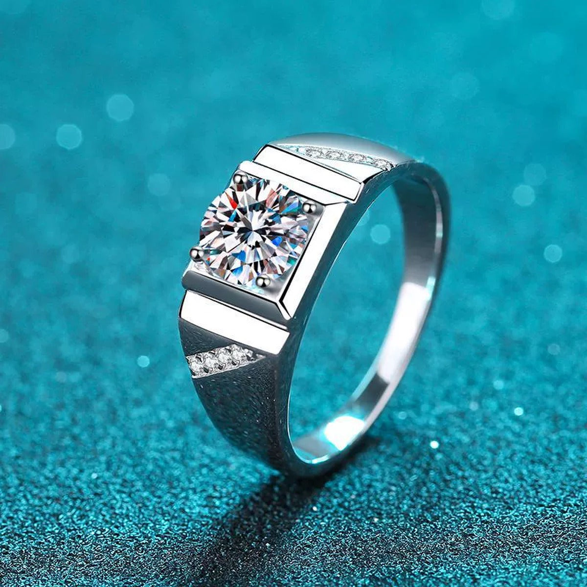 Men's Square Moissanite Ring with CZ in Rhodium-Plated S925 Sterling Silver blue display product photo showing the moissanite setting and band profile