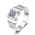 Men's Round Moissanite Ring in Rhodium-Plated S925 Sterling Silver clean white background product photo showing the ring silhouette and moissanite setting